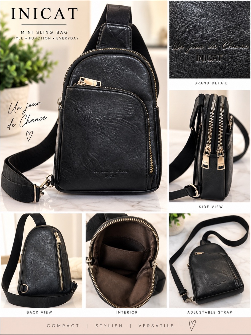 INICAT Black Mini Sling Backpack Crossbody Bag Unisex Adjustable Strap